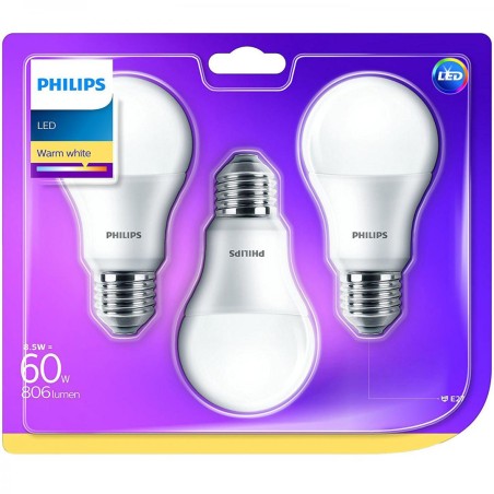 SET 3 becuri LED Philips, soclu E27, putere 9W, forma clasic, lumina alb calda, alimentare 220 - 240 V, "000008718696761267" (ti