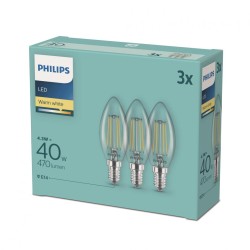 SET 3 becuri LED Philips, soclu E14, putere 4.3W, forma lumanare, lumina alb calda, alimentare 220 - 240 V, "000008718699612337"