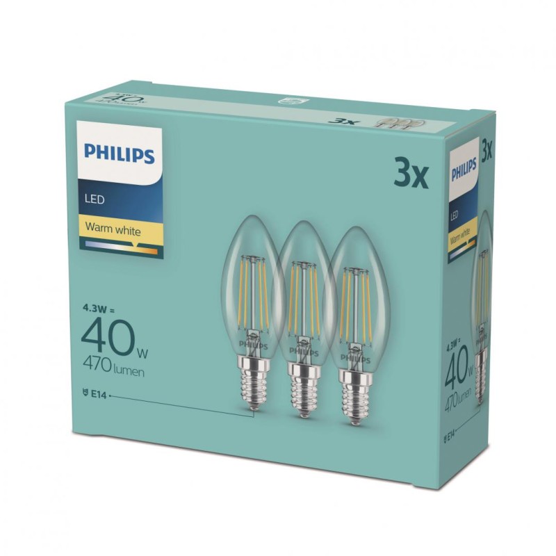 SET 3 becuri LED Philips, soclu E14, putere 4.3W, forma lumanare, lumina alb calda, alimentare 220 - 240 V, "000008718699612337"