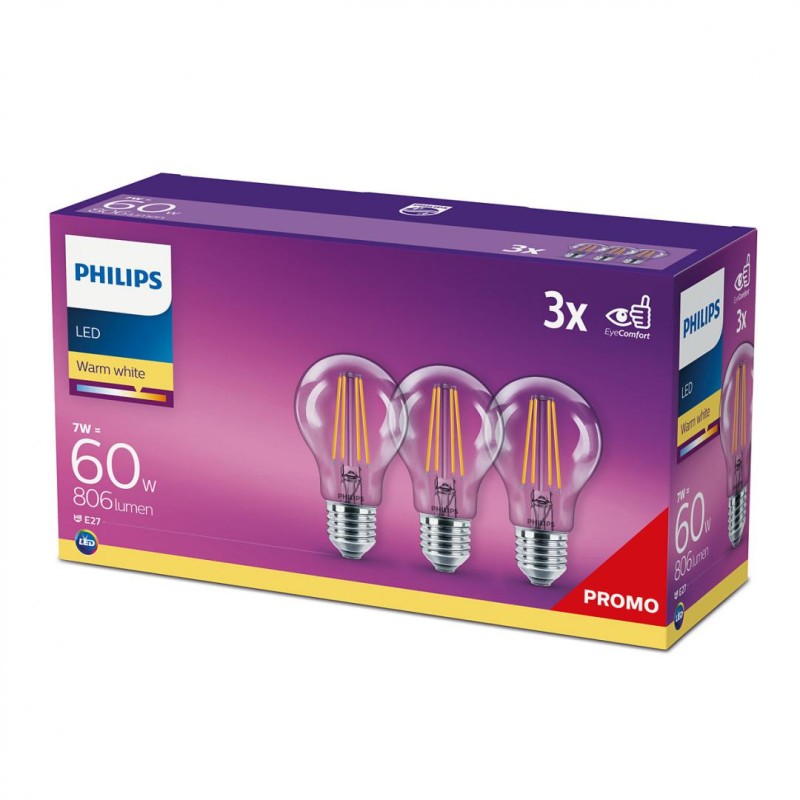 SET 3 becuri LED Philips, soclu E27, putere 7W, forma clasic, lumina alb calda, alimentare 220 - 240 V, "000008718699665081" (ti