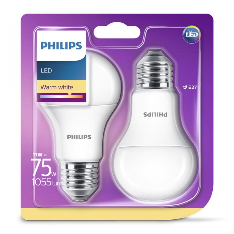 SET 2 becuri LED Philips, soclu E27, putere 11W, forma clasic, lumina alb calda, alimentare 220 - 240 V, "000008718696586112" (t