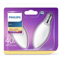 SET 2 becuri LED Philips, soclu E14, putere 4.3W, forma lumanare, lumina alb calda, alimentare 220 - 240 V, "000008718696751367"