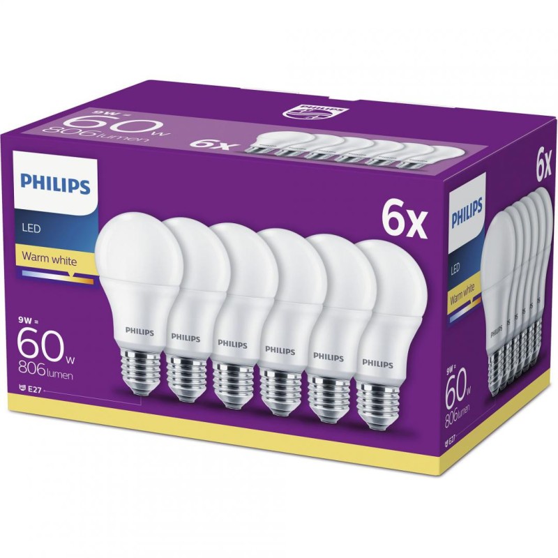 SET 6 becuri LED Philips, soclu E27, putere 9W, forma clasic, lumina alb calda, alimentare 220 - 240 V, "000008718696829998" (ti