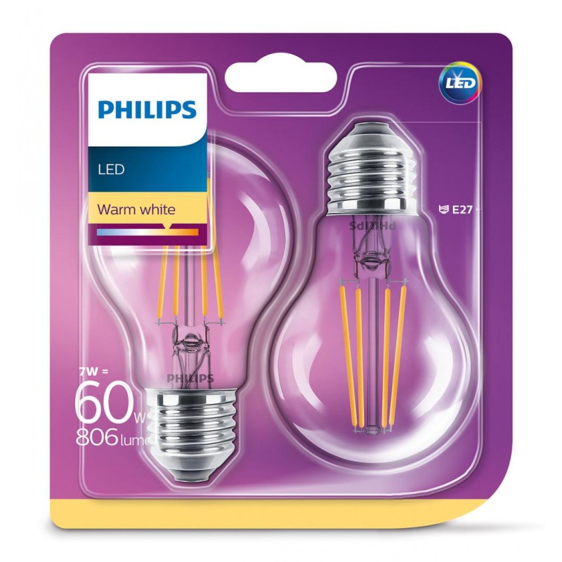 SET 2 becuri LED Philips, soclu E27, putere 7W, forma clasic, lumina alb calda, alimentare 220 - 240 V, "000008718696768587" (ti