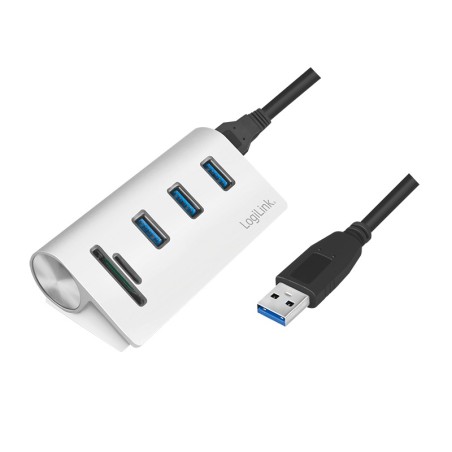 HUB extern LOGILINK, porturi USB: USB 3.0 x 3, conectare prin USB 3.0, alte porturi: SD, MicroSD, argintiu, "CR0045"  (timbru ve