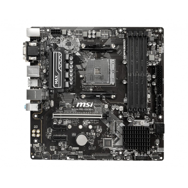 PLACA de BAZA MSI "B450M PRO-VDH MAX", skt AM4, mATX, AMD B450, 4 x DDR4, max. 64 GB, 4 x SATA, 1 x M.2, 7.1, "B450M PRO-VDH MAX