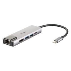HUB extern D-LINK, porturi Gigabit LAN x 1, USB 3.0 x 2, HDMI x 1,  USB Type C x 1, conectare prin USB Type C, cablu 17 cm, argi