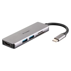 HUB extern D-LINK, porturi SD/microSD Dual Card Reader x 1, USB 3.0 x 2, HDMI x 1, conectare prin USB Type C, cablu 11.5 cm, arg