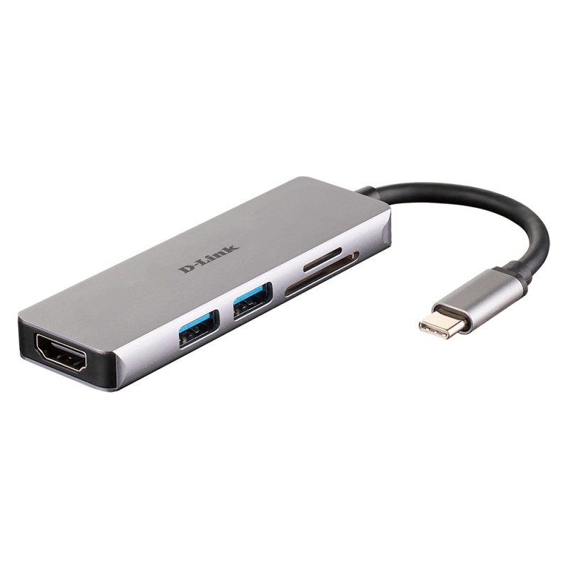 HUB extern D-LINK, porturi SD/microSD Dual Card Reader x 1, USB 3.0 x 2, HDMI x 1, conectare prin USB Type C, cablu 11.5 cm, arg