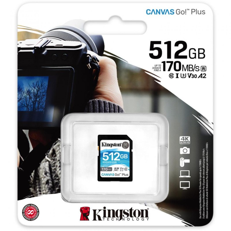 CARD SD KINGSTON, 512 GB, SDXC, clasa 10, standard UHS-I U3, "SDG3/512GB" (timbru verde 0.03 lei)