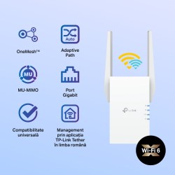 RANGE EXTENDER TP-LINK wireless  1500Mbps, 1 port Gigabit,  2 antene externe, 2.4 / 5Ghz dual band, Wi-Fi 6, "RE505X" (timbru ve