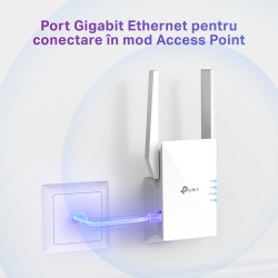 RANGE EXTENDER TP-LINK wireless  1500Mbps, 1 port Gigabit,  2 antene externe, 2.4 / 5Ghz dual band, Wi-Fi 6, "RE505X" (timbru ve