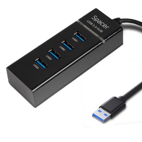 HUB extern SPACER, porturi USB: USB 3.0 x 4, conectare prin USB 3.0, 1m lungime cablu, negru, 45507057 "SPH-4USB30-01"   (timbru