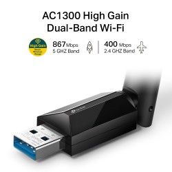 ADAPTOR RETEA TP-LINK AC1300, extern wireless 2.4 GHz | 5 GHz, USB 3.0, port, 1300 Mbps, antena externa x 1, "Archer T3U Plus" (