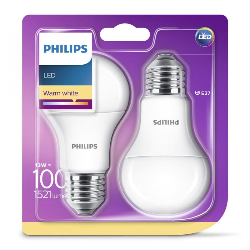 SET 2 becuri LED Philips, soclu E27, putere 13W, forma clasic, lumina alb calda, alimentare 220 - 240 V, "000008718696586099" (t