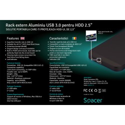RACK extern SPACER, pt HDD/SSD, 2.5 inch, S-ATA, interfata PC USB 3.0, Husa piele sintetitca, aluminiu, negru, "SPR-25611" 45503