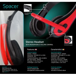 CASTI  Spacer, cu fir, standard, utilizare multimedia, microfon pe brat, conectare prin Jack 3.5 mm x 2, negru / rosu, "SPK-507"