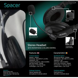 CASTI  Spacer, cu fir, standard, utilizare multimedia, microfon pe brat, conectare prin Jack 3.5 mm x 2, negru, "SPK-222", (timb