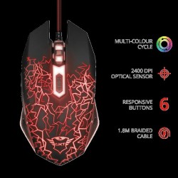 MOUSE TRUST, "GXT 105 Izza", gaming, cu fir, USB, optic, 2400 dpi, butoane/scroll 6/1, iluminare, buton selectare viteza, negru,