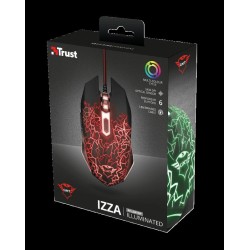 MOUSE TRUST, "GXT 105 Izza", gaming, cu fir, USB, optic, 2400 dpi, butoane/scroll 6/1, iluminare, buton selectare viteza, negru,