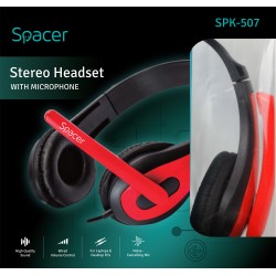 CASTI  Spacer, cu fir, standard, utilizare multimedia, microfon pe brat, conectare prin Jack 3.5 mm x 2, negru / rosu, "SPK-507"