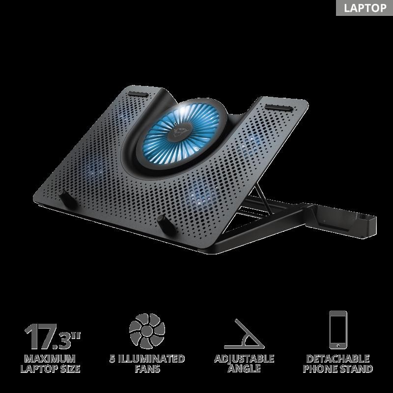 STAND TRUST "GXT 1125 Quno" notebook 17", sita aluminiu, 4 x fan 5cm, 1 x fan 13 cm, LED albastru, negru, "TR-23581" (timbru ver