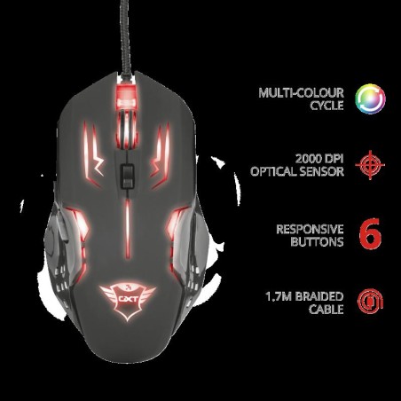 MOUSE TRUST, "GXT 108 Rava", gaming, cu fir, USB, optic, 2000 dpi, butoane/scroll 6/1, iluminare, buton selectare viteza, negru,