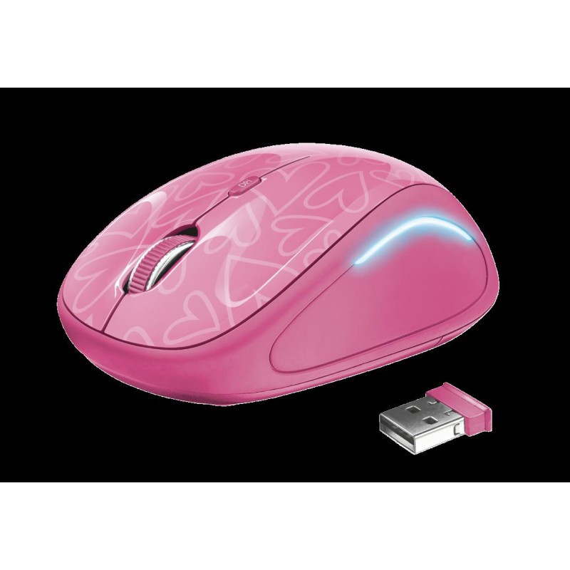 MOUSE TRUST, "Yvi FX", PC sau NB, wireless, 2.4GHz, optic, 1600 dpi, butoane/scroll 4/1, iluminare, buton selectare viteza, roz,