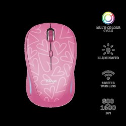 MOUSE TRUST, "Yvi FX", PC sau NB, wireless, 2.4GHz, optic, 1600 dpi, butoane/scroll 4/1, iluminare, buton selectare viteza, roz,