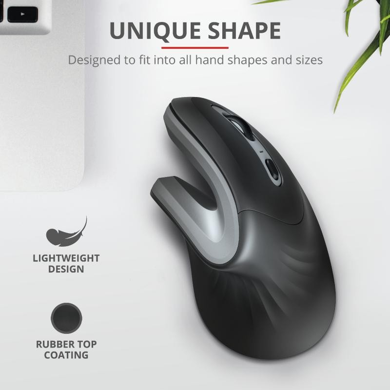MOUSE TRUST, "Verro Ergonomic", PC sau NB, wireless, 2.4GHz, optic, 1600 dpi, butoane/scroll 6/1, buton selectare viteza, negru,