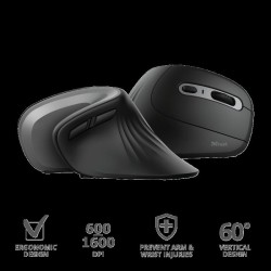 MOUSE TRUST, "Verro Ergonomic", PC sau NB, wireless, 2.4GHz, optic, 1600 dpi, butoane/scroll 6/1, buton selectare viteza, negru,
