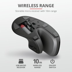 MOUSE TRUST, "Verro Ergonomic", PC sau NB, wireless, 2.4GHz, optic, 1600 dpi, butoane/scroll 6/1, buton selectare viteza, negru,