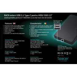 RACK extern SPACER, pt HDD/SSD, 2.5 inch, S-ATA, interfata PC USB 3.1 Type C, plastic, negru, "SPR-TYPE-C-01" (timbru verde 0.8 