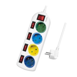 PRELUNGITOR LOGILINK, Schuko x 4, conectare prin Schuko (T), cablu 1.5 m, 16 A, protectie copii, alb/ multicolor, "LPS257" (timb