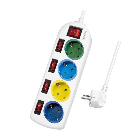 PRELUNGITOR LOGILINK, Schuko x 4, conectare prin Schuko (T), cablu 1.5 m, 16 A, protectie copii, alb/ multicolor, "LPS257" (timb