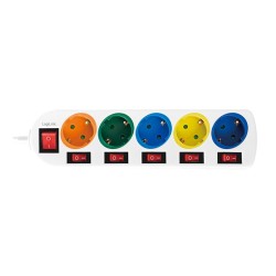 PRELUNGITOR LOGILINK, Schuko x 5, conectare prin Schuko (T), cablu 1.5 m, 16 A, protectie copii, alb/ multicolor, "LPS258" (timb
