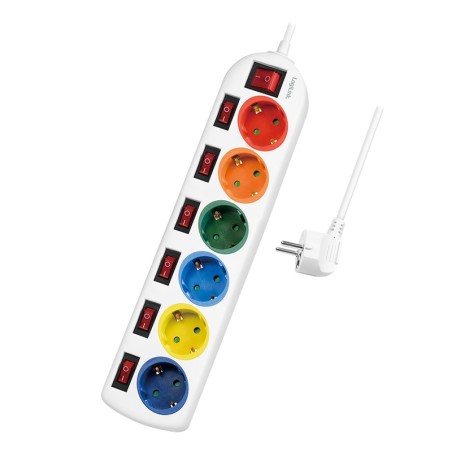 PRELUNGITOR LOGILINK, Schuko x 6, conectare prin Schuko (T), cablu 1.5 m, 16 A, protectie copii, alb/ multicolor, "LPS259" (timb
