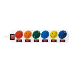 PRELUNGITOR LOGILINK, Schuko x 6, conectare prin Schuko (T), cablu 1.5 m, 16 A, protectie copii, alb/ multicolor, "LPS259" (timb