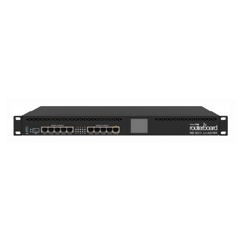 ROUTER MIKROTIK, porturi Gigabit x 10, CPU 2x1.4 GHZ, 1GB RAM, USB 3.0 LCD, rackabil 1U 19", "RB3011UiAS-RM" (timbru verde 0.8 l