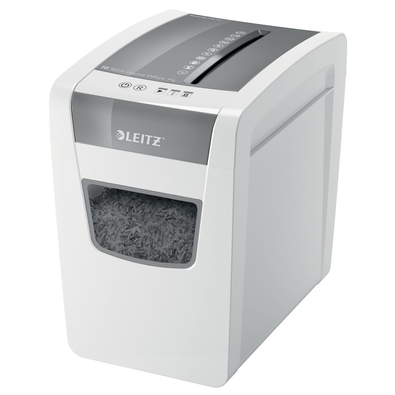 Distrugator manual documente Leitz IQ Home Office Slim, 10 coli, P4, cross-cut (tip confeti), cos 23 coli, alb, Leitz "80010000"