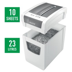Distrugator manual documente Leitz IQ Home Office Slim, 10 coli, P4, cross-cut (tip confeti), cos 23 coli, alb, Leitz "80010000"