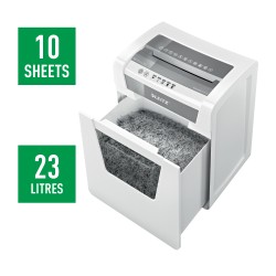 Distrugator manual documente Leitz IQ Office, 10 coli, P5, micro-cut (tip particule), cos 23 coli, alb, Leitz "80020000" (timbru