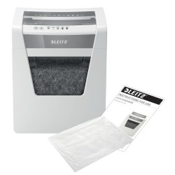 Distrugator manual documente Leitz IQ Office, 10 coli, P5, micro-cut (tip particule), cos 23 coli, alb, Leitz "80020000" (timbru