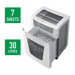 Distrugator manual documente Leitz IQ Office Pro,  7 coli, P5+, micro-cut (tip particulei), cos 30 coli, alb, Leitz "80040000" (