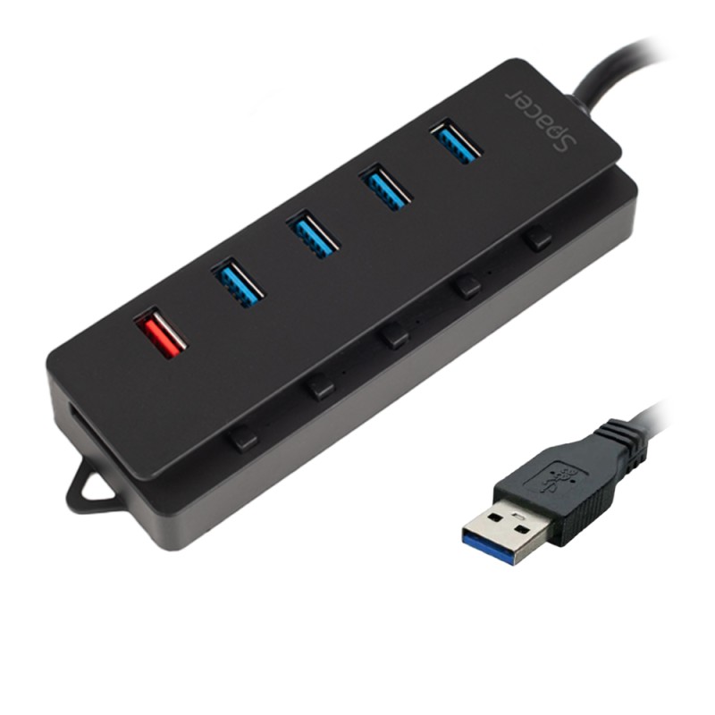HUB extern SPACER, porturi USB: USB 3.0 x 4, Port USB Quick Charge x 1, conectare prin USB 3.0, Alimentare retea 220V,negru, "SP
