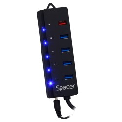HUB extern SPACER, porturi USB: USB 3.0 x 4, Port USB Quick Charge x 1, conectare prin USB 3.0, Alimentare retea 220V,negru, "SP