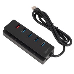 HUB extern SPACER, porturi USB: USB 3.0 x 4, Port USB Quick Charge x 1, conectare prin USB 3.0, Alimentare retea 220V,negru, "SP