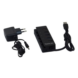 HUB extern SPACER, porturi USB: USB 3.0 x 4, Port USB Quick Charge x 1, conectare prin USB 3.0, Alimentare retea 220V,negru, "SP
