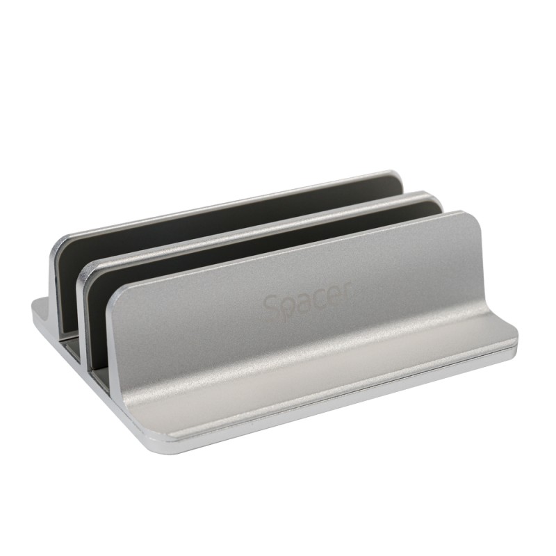 STAND SPACER vertical, notebook 14/17", dublu, protectie impotriva zgarieturilor, latime ajustabila, argintiu, aluminiu sablat, 
