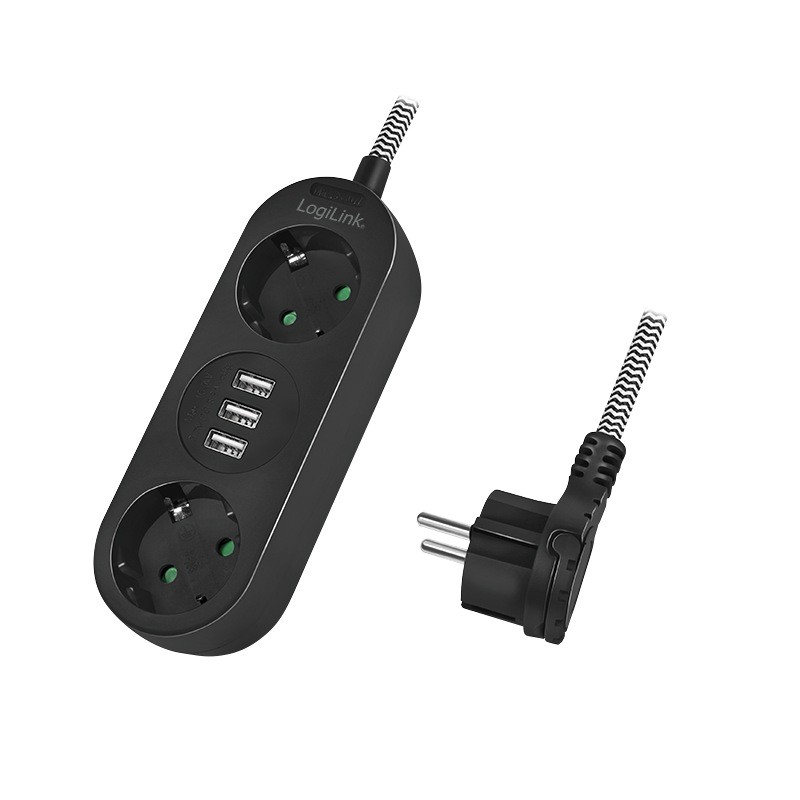 PRELUNGITOR LOGILINK, Schuko x 2, conectare prin Schuko (T), USB x 3, cablu 1.5 m, 16 A, fara protectie, negru, "LPS262U" (timbr